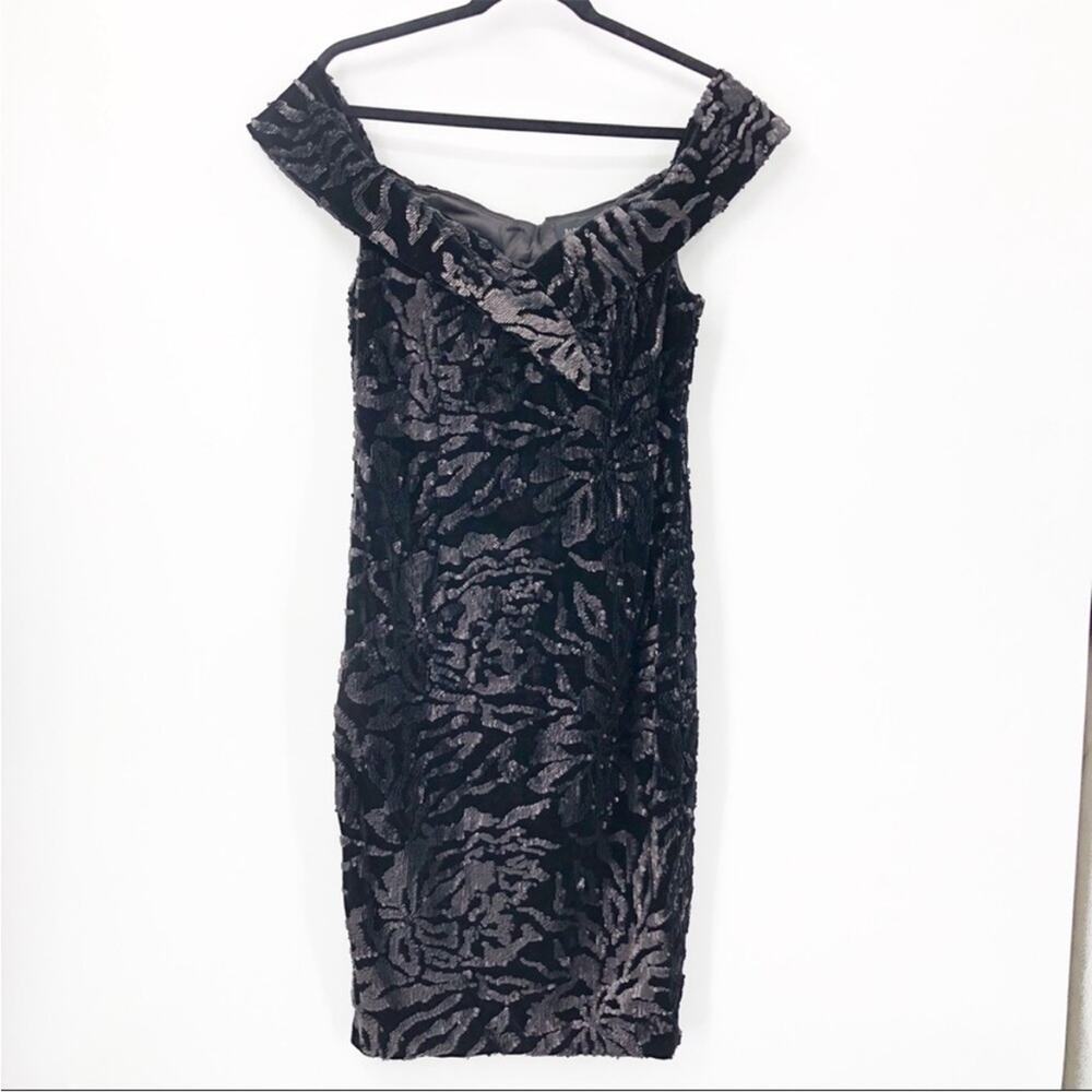Bardot Sequin Velvet Off The Shoulder Sheath Dress Black Knee Length Medium NEW